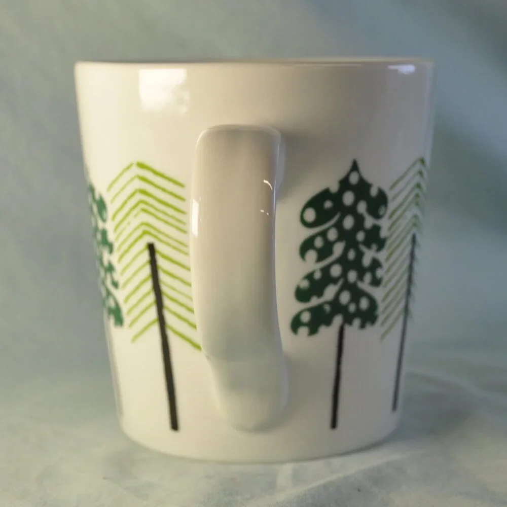 *BOGO mugs* 18 oz mug crate & barrel 2014 jenny bowers christmas trees (w1246)